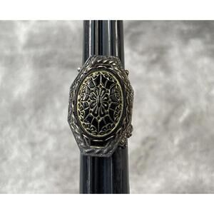 Vintage Brass Ring Mid Century Adjustable Black Enamel Steampunk Goth